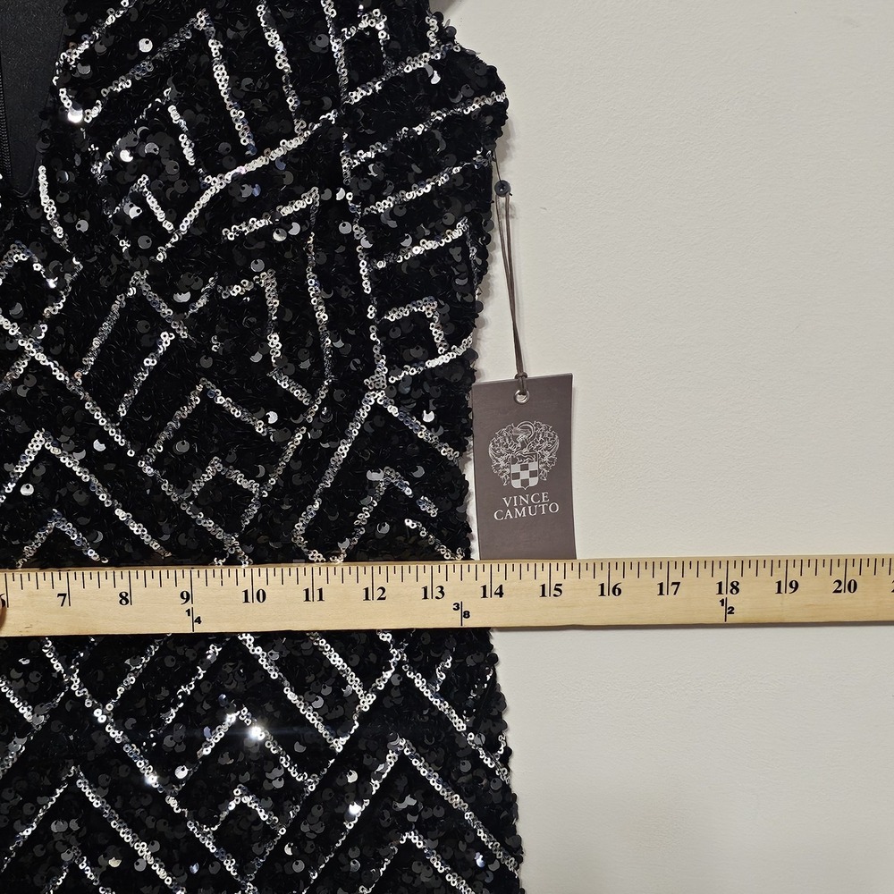 Vince Camuto Women Dress 4 Black Mini Capped Sleeve Deep Vneck Sheath Sequin 748 - Picture 6 of 15